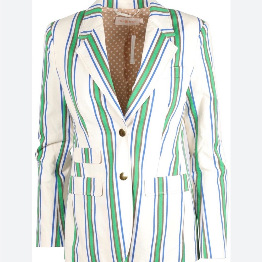 Tory Burch White Striped Cotton Blazer with Blue and Green Accents